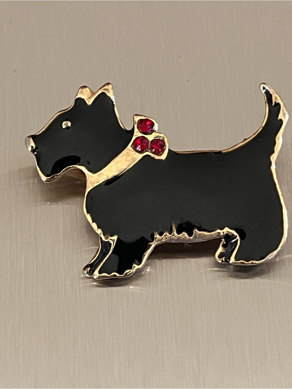 Scottie Dog Rhinestone Brooch in Black & Gold